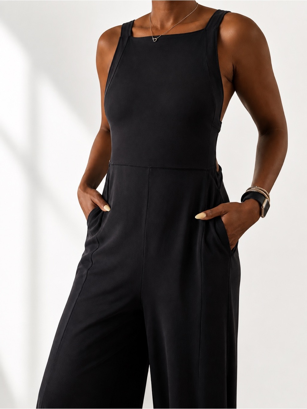 Free People Black Ribbed Wide Leg Jumpsuit Size L